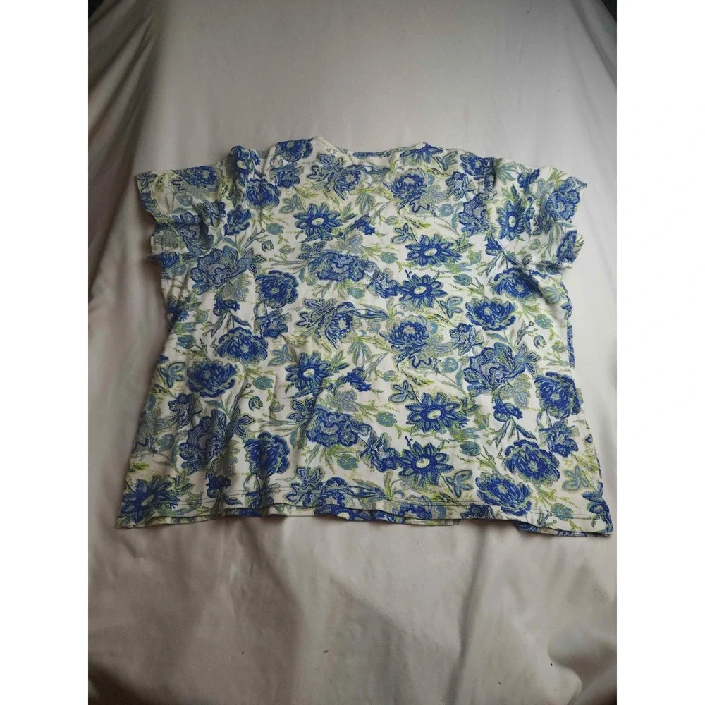 Kim Rogers Woman Blue Green Floral Cotton Short Sleeve Tee Top 2X